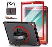 iPad Pro 12.9 Case 2nd Generation 2017 & 2015 1st Generation, Heavy Duty Rugged TPU Protective Cover with Screen Protector- Stand + Handle Hand & Shoulder Strap + Pencil Holder- Red+Black