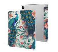 iPad Pro 2020、2021、2022 Case 12.9 Inch with Pencil Holder Beautiful Peacock Flowers Trifold Stand Protective Slim Back Shell Auto Wake Sleep