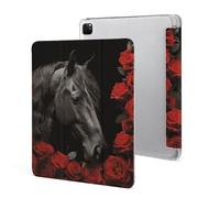 iPad Pro 2020、2021、2022 Case 12.9 Inch with Pencil Holder Black Horse on A Background of Red Roses Trifold Stand Protective Slim Back Shell Auto Wake Sleep