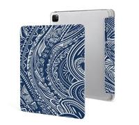 iPad Pro 2020、2021、2022 Case 12.9 Inch with Pencil Holder Blue Polynesian Maori Tribal Pattern Trifold Stand Protective Slim Back Shell Auto Wake Sleep