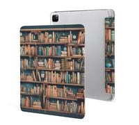 iPad Pro 2020、2021、2022 Case 12.9 Inch with Pencil Holder Cartoon Bookshelf Bookworm Trifold Stand Protective Slim Back Shell Auto Wake Sleep