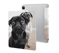 iPad Pro 2020、2021、2022 Case 12.9 Inch with Pencil Holder Cute Black Pug Dog Trifold Stand Protective Slim Back Shell Auto Wake Sleep