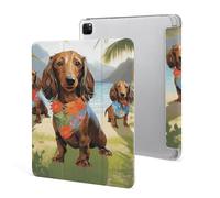 iPad Pro 2020、2021、2022 Case 12.9 Inch with Pencil Holder Dachshund Tropical Painting Art Trifold Stand Protective Slim Back Shell Auto Wake Sleep
