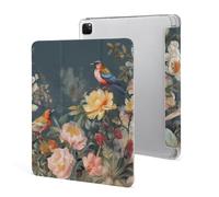 iPad Pro 2020、2021、2022 Case 12.9 Inch with Pencil Holder Flowers Birds Trifold Stand Protective Slim Back Shell Auto Wake Sleep