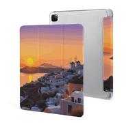 iPad Pro 2020、2021、2022 Case 12.9 Inch with Pencil Holder Greece Island Sunset Landscape Trifold Stand Protective Slim Back Shell Auto Wake Sleep