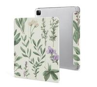 iPad Pro 2020、2021、2022 Case 12.9 Inch with Pencil Holder Green Flower Herb Sage Leaves and Branches Trifold Stand Protective Slim Back Shell Auto Wake Sleep