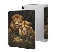 iPad Pro 2020、2021、2022 Case 12.9 Inch with Pencil Holder Two Lions Trifold Stand Protective Slim Back Shell Auto Wake Sleep