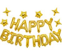 iPartycool 24pcs Gold Happy Birthday Balloons Banner, 3D Gold Premium Mylar Foil Letter Birthday Party Decorationswith 6pcs Star Balloons Kits for Kids Boys Men Adults Happy Birthday Balloons Gold