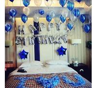 iPartycool 50Pcs Happy Birthday Balloons Kit, with Premium Reusable Aluminum Foil Letter Banner, Big Star, Latex Balloons, Rose petal and Accessories, for Birthday Decorations, White Silver Blue
