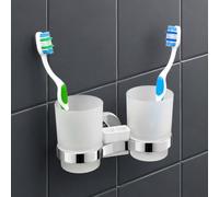 IPEA Self Adhesive Wall Mounted Toothbrush Cup with Double Cup - No Drilling Required - Modern Design - Toothbrush Holder for Toothbrushes Toothpaste for Bathroom Shower - Chrome Plated Holder