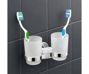 IPEA Self Adhesive Wall Mounted Toothbrush Cup with Double Cup - No Drilling Required - Modern Design - Toothbrush Holder for Toothbrushes Toothpaste for Bathroom Shower - Chrome Plated Holder
