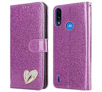 iPEAK For Motorola Moto E7i Power Case (6.7'') Shiny Leather Bling Glitter Book Flip Stand Card Wallet Protective Cover For Moto E7i Power Phone (Purple)