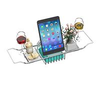 iPEGTOP Extendable Bathtub Caddy Tray - 304 Stainless Steel Over Bath Tub Racks Shower Organizer, with Removable Wine Glass Holders and Book Holder