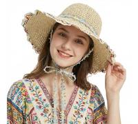 IPENNY Floral Beach Straw Hat with Adjustable Windproof Chin Strap Ethnic Wide-Brimmed Sun Hat Floppy Summer UV Protection Travel Cap for Women Girls' Family Outfits (Beige for Adult Women)
