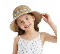 IPENNY Girls Summer Flower Straw Hats with Windproof Chin Strap UV Protection Sun Hat Holiday Wide Brim Beach Cap Bucket Hat Outdoor Activities Floppy Hat (Style 2-Brown)
