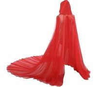 IPENNY Mesh Sheer Hooded Cape Vintage Gothic Long Tulle Cape Halloween Ghost Vampire Wedding Bride Cloak Witch Wizard Victorian Party Fancy Dress Costume (Red-double layers)