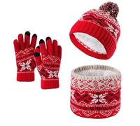 IPENNY Set of 3 Children's Knitted Hat Scarf Gloves with Plush Lining Thermal Winter Pom Beanie Cap Snood Neck Warmer Magic Strecthy Gloves Accessories Sets for Boys Girls 3-10 Yrs (Red)
