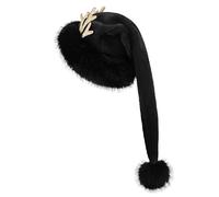 IPENNY Velvet Long Tail Santa Hat with Antlers Black Brim & Pom Pom Fluffy Christmas Hat Holiday Party Costume Accessory for Xmas New Year Party Costume Accessory Dress Up Stage Props (Black)
