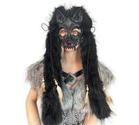IPENNY Viking Werewolf Skull Mask with Fluffy Feather Tassels Masquerade Fox Mask Vintage Barbarian Cosplay Half Face Mask for Halloween Costume Party, Ball Prom (Black)