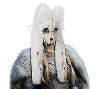 IPENNY Viking Werewolf Skull Mask with Fluffy Feather Tassels Masquerade Fox Mask Vintage Barbarian Cosplay Half Face Mask for Halloween Costume Party, Ball Prom (White)