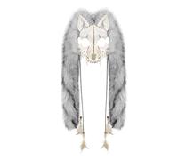 IPENNY Viking Werewolf Skull Mask with Fluffy Feather Tassels Masquerade Fox Mask Vintage Barbarian Cosplay Half Face Mask for Halloween Costume Party, Ball Prom (Grey)