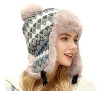 IPENNY Women Knitted Beanie Ear Flaps Hat with Pompom Thicken Warm Faux Fur Lining Skull Cap Thermal Windproof Trapper Hat for Outdoor Activities Skiing Cycling (UK, Alpha, One Size, Style-6)