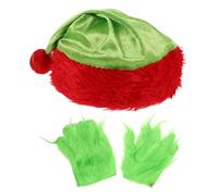 Ipetboom 1 Set Green Furry Monster Gloves and Santa Hat Set Holiday Cosplay Props Monster Costume Accessories for Halloween and Christmas Parties