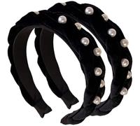 Ipetboom 2pcs Black Velvet Padded Headbands with Pearls for Women, Elastic and Less Head Compression Hair Bands, Elegant and Fashionable Hair Accessories for Daily Wear and Shopping