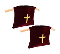 Ipetboom 2pcs Church Collection Basket with Wooden Handles, 17x10" Burgundy Velvet Offering Bag with Embroidered Cross for Communion, Baptism, and Church Donation Use