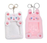 Ipetboom 2pcs Cute Plush Animal Card Holder Keychain Soft Fuzzy Credit Card Protector with Secure Metal Ring Adorable Cartoon Photo Badge Id Storage White Cat Winking Bunny