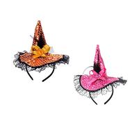 Ipetboom 2pcs Halloween Witch Hat Headbands Lace Trim Sequin Hair Hoops for Costume Party Cosplay Durable Accessories in Rose Red and Orange