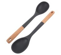 Ipetboom 2Pcs Large Wooden Handle Silicone Cooking Spoons Set, Heat Resistant Non-Stick Kitchen Utensils for Stirring, Serving and Mixing, Black Silicone Spatula Spoons for Home Cooking