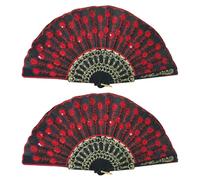 Ipetboom 2pcs Sequined Embroidery Dancing Folding Fan Handheld Craft Fan for Dance Performance Party Decor and in Red Black Base
