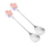 Ipetboom 2pcs Stainless Steel Cherry Blossom Dessert Spoons Long Handle Multi Function Household Pudding Mixing Scoop Stylish Tableware for Coffee Cake Ice