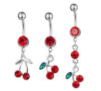Ipetboom 3pcs Cherry Charm Navel Ring Set with Rhinestone Embellishment, Stainless Steel Belly Button Piercing Jewellery, Comfortable for Daily Wearing and Elegant Style