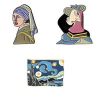 Ipetboom 3Pcs Classic Art Painting Brooch Set - Starry Night and Girl with Pearl Earring Collar Pins - Enamel Lapel Corsage for Women’s Clothing Accessories Random Style