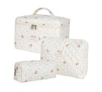 Ipetboom 3pcs Floral Makeup Bag Set Cute Cotton Cosmetic Organizer for Women Large Travel Toiletry Pouch Medium and Pencil Case Fresh Aesthetic Design for Travel Essentials