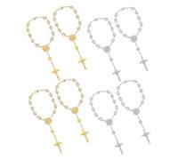 Ipetboom 4pcs Alloy Imitation Pearl Rosary Beads Bracelet with Cross Pendant Smooth Touch Religious Prayer Wrist Chain for Baptism Wedding Party Favors and Daily Devotion