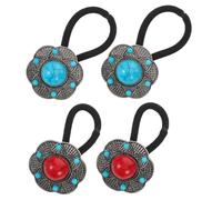 Ipetboom 4pcs Boho Flower Hair Elastic Bands for Women Soft High Elasticity Lotus Stone Beads Hair Ties No Damage Ponytail Holders in Blue and Red Ethnic Style