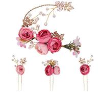 Ipetboom 4pcs Hairpin Hair Clips Headwear Pink Rose Floral Simulation U-Shaped Fabric Alloy Crystal Pearl Gold Hair Accessories for Wedding Bride Women Party