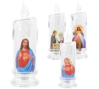 Ipetboom 4pcs LED Flameless Jesus Candle Lights with Base Catholic Candle Light Decorations for Christmas and Easter Plastic Romantic Atmosphere Sacred Prayer Inspired