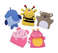 Ipetboom 5pcs Bath Mitt Set - Cartoon Animal Exfoliating Gloves for Body Scrubbing - Bath Sponge Wash Mitts with Elephant, Bee, Hippo, Penguin Bear for Gentle Deep Cleaning
