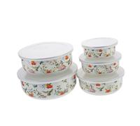 Ipetboom 5Pcs Enamel Food Canisters with Transparent Lids Thickened Multiuse Household Soup Bowls for Salad Noodles Rice Portable Lightweight Set for Home and Outdoor Use