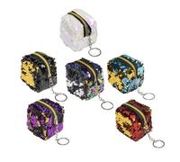 Ipetboom 6pcs Portable Cubic Coin Pouches with Zipper Mini Sequin Change Purse for Women Red Purple Green and Keys and Essentials