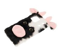 Ipetboom Animal Print Furry Phone Case for Large Screen Smartphone Soft Warm Winter Mobile Shell with Shockproof TPU Bumper Cute Cartoon Cow Pattern Cover for Women