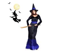Ipetboom Blue and Black Witch Costume Set Xl with Lace Hemline Long Sleeve Dress Hat Necklace for Halloween Cosplay Party Dress Up