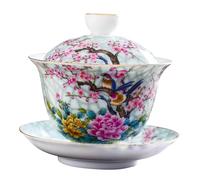 Ipetboom Ceramic Teaware Set Retro Flower Bird Design Tea Cup with Lid and Saucer Quick Brewing for Oolong Puer Black Tea Elegant Creative Gift