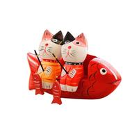 Ipetboom Creative Wooden Fishing Couple Cat Ornament Hand-painted Decorative Miniature Bench Sculpture Charming Desktop Decoration for Home Bedroom Office Display