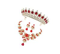 Ipetboom Elegant Red Crown Necklace Earring Set for Women Wedding Dress Accessories Bridal Jewelry Three Alloy Costume Special Occasions