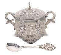 Ipetboom Elegant Seasoning Jar with Lid and Spoon Embossed Classic Design Sugar Storage Container for Kitchen Desktop Adornment and Condiment Canister Practical and Safe for Family and